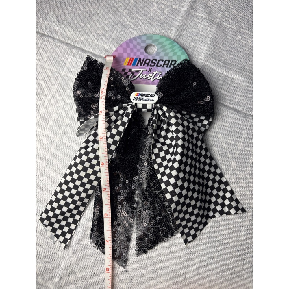 Justice NASCAR Hair Bow Girls Black White Checkered Sequin Barrette Racingcore - Picture 5 of 5